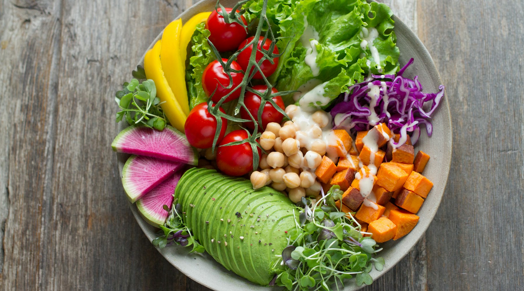 Fresh salad and family meal ingredients from above